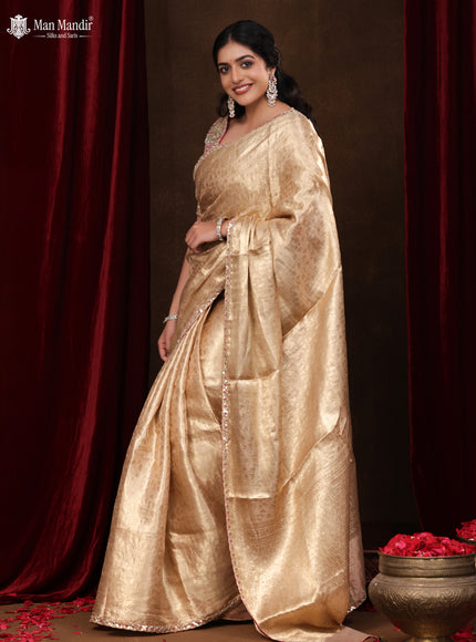 Golden Banarasi Tissue Saree With Embroidery Readymade Blouse