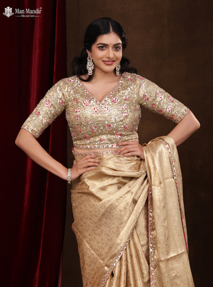 Golden Banarasi Tissue Saree With Embroidery Readymade Blouse