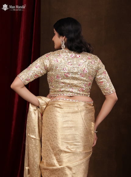 Golden Banarasi Tissue Saree With Embroidery Readymade Blouse