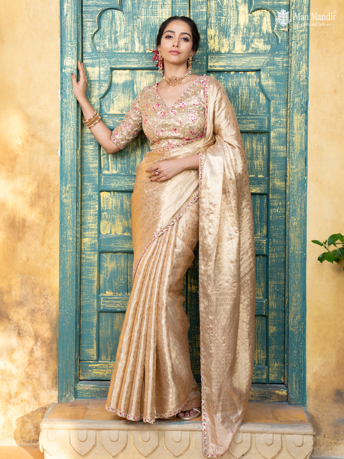 Golden Banarasi Tissue Saree With Embroidery Readymade Blouse