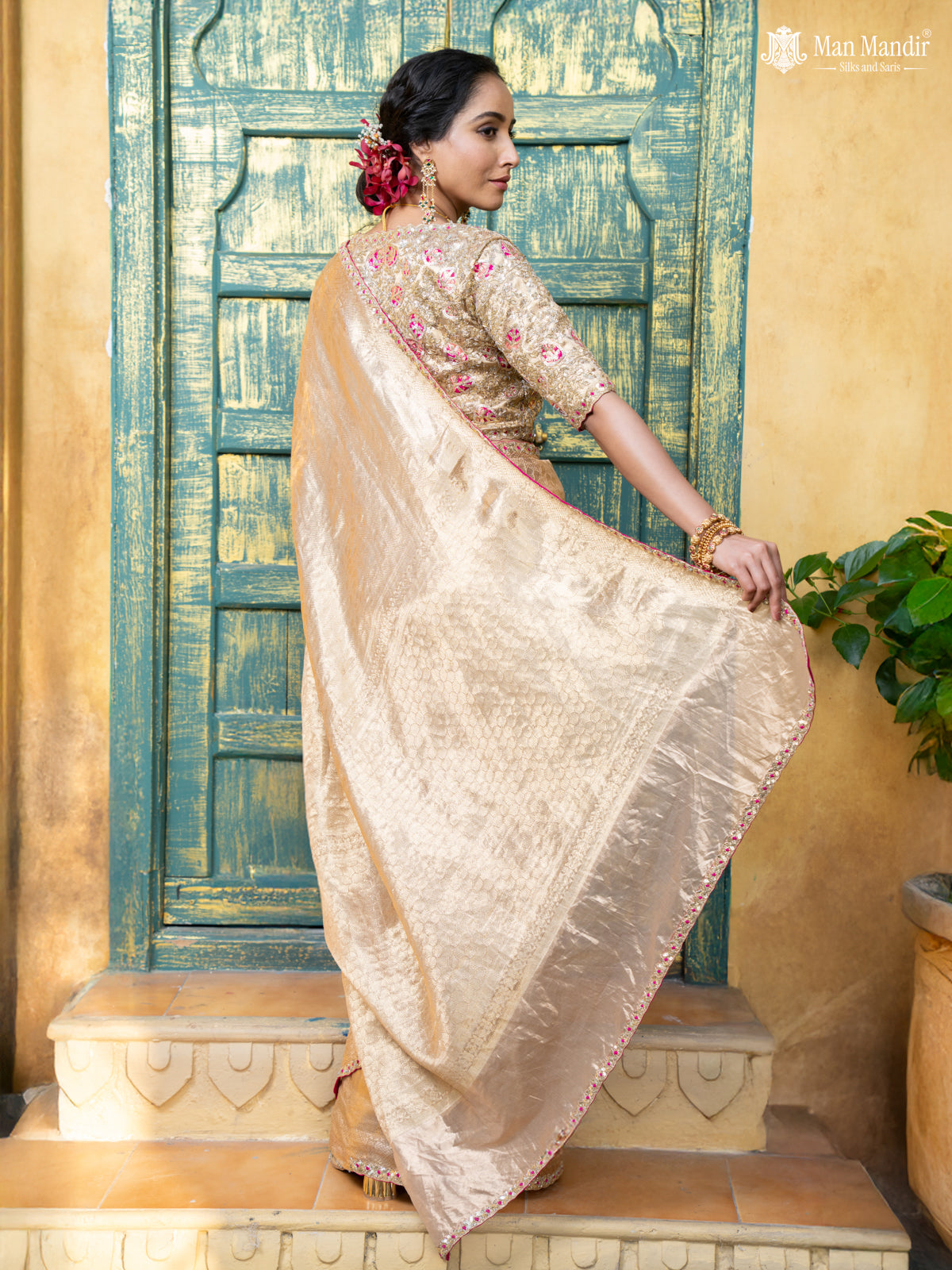 Golden Banarasi Tissue Saree With Embroidery Readymade Blouse