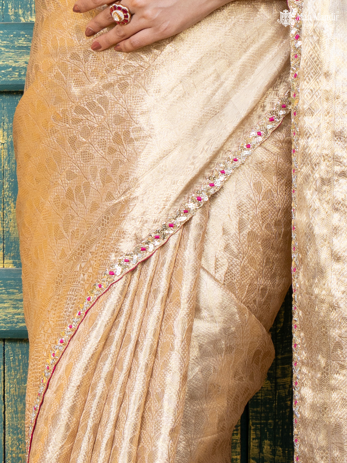 Golden Banarasi Tissue Saree With Embroidery Readymade Blouse