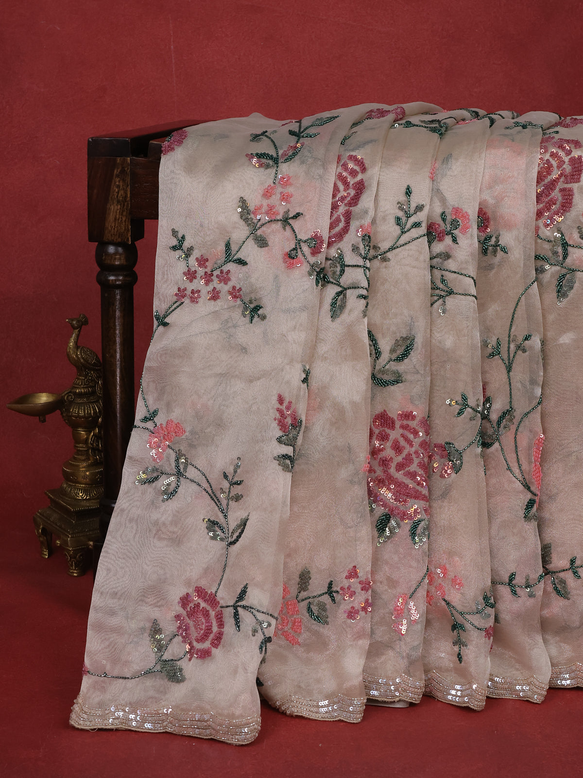 Beige Tissue Silk Saree With Allover Sequin Embroidery Work