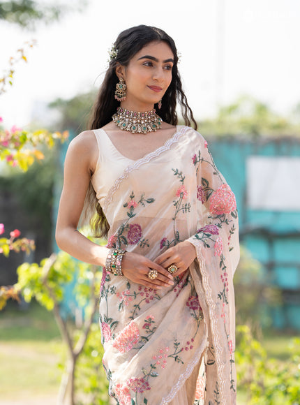 Beige Tissue Silk Saree With Allover Sequin Embroidery Work