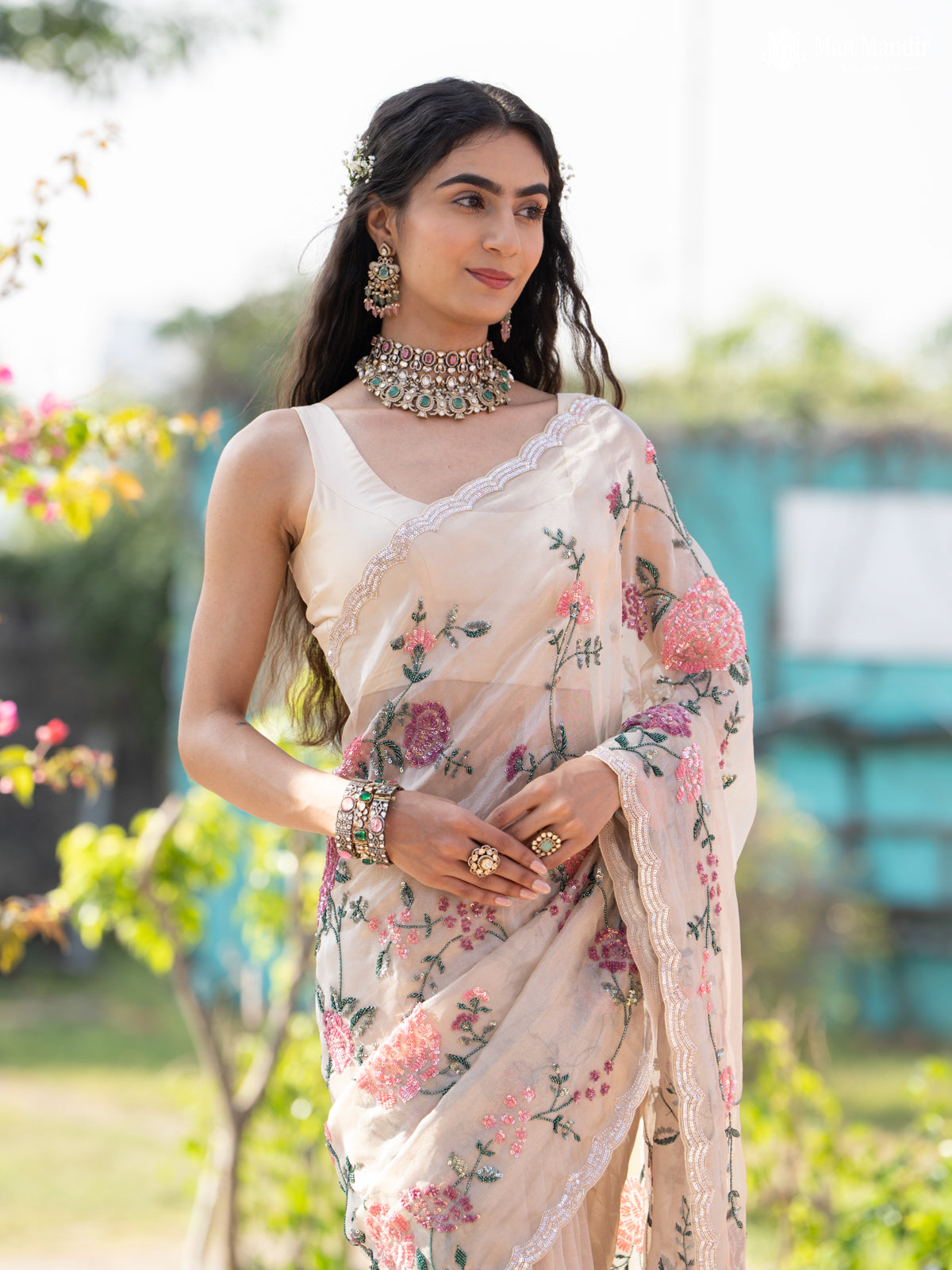 Beige Tissue Silk Saree With Allover Sequin Embroidery Work