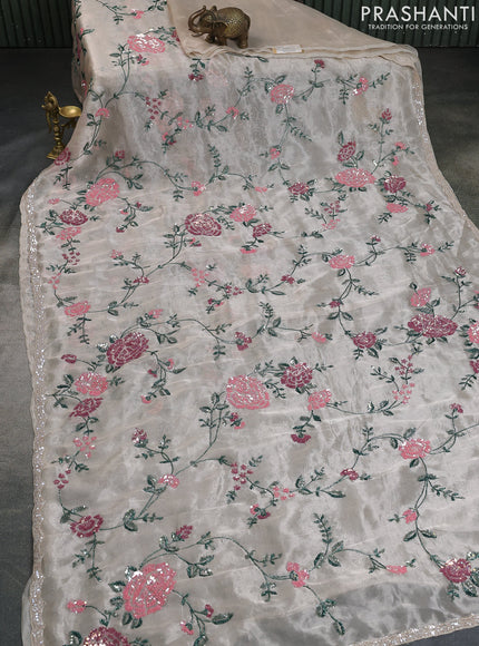 Beige Tissue Silk Saree With Allover Sequin Embroidery Work