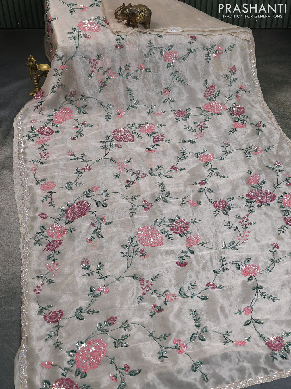 Beige Tissue Silk Saree With Allover Sequin Embroidery Work