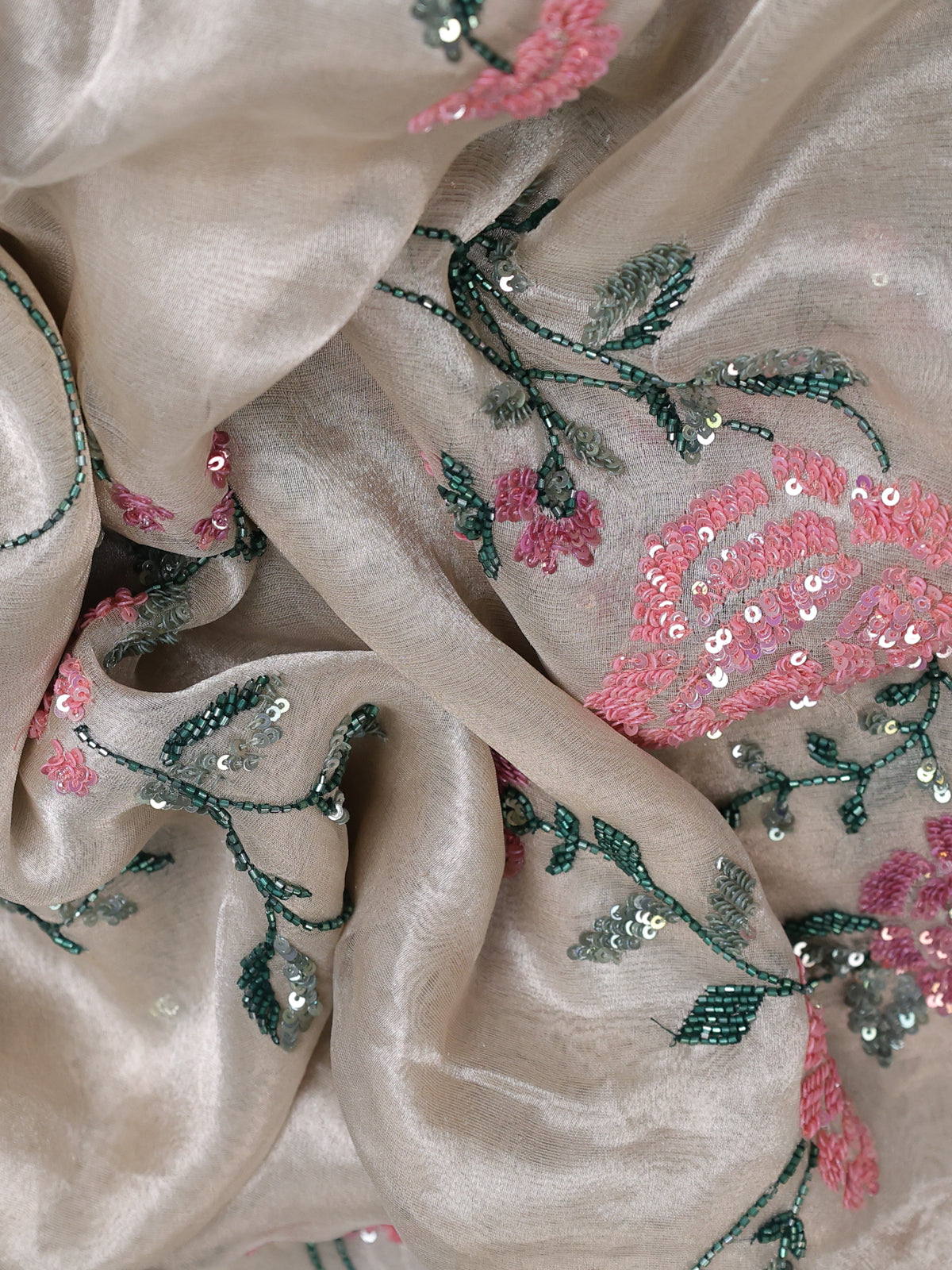 Beige Tissue Silk Saree With Allover Sequin Embroidery Work