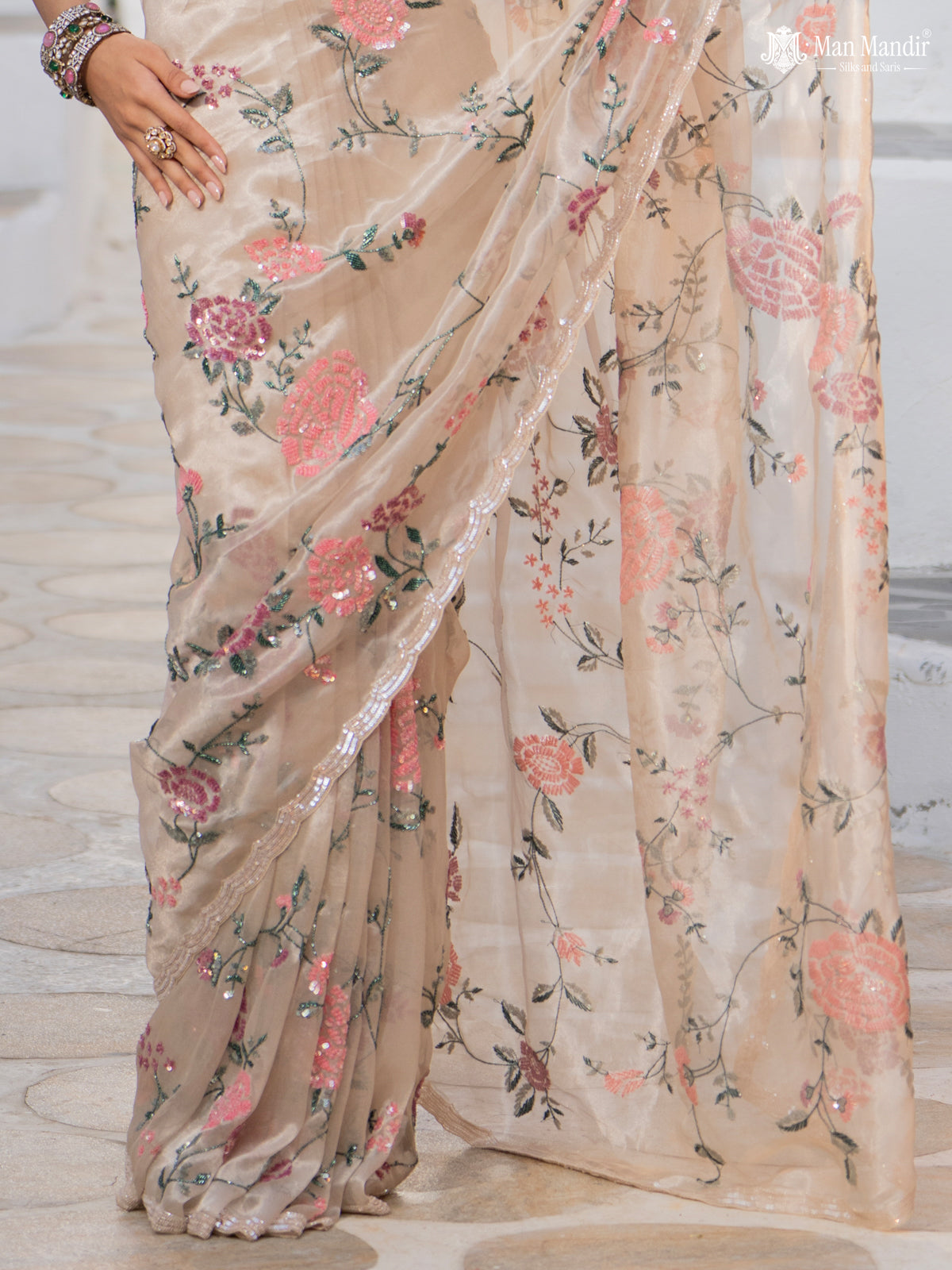 Beige Tissue Silk Saree With Allover Sequin Embroidery Work