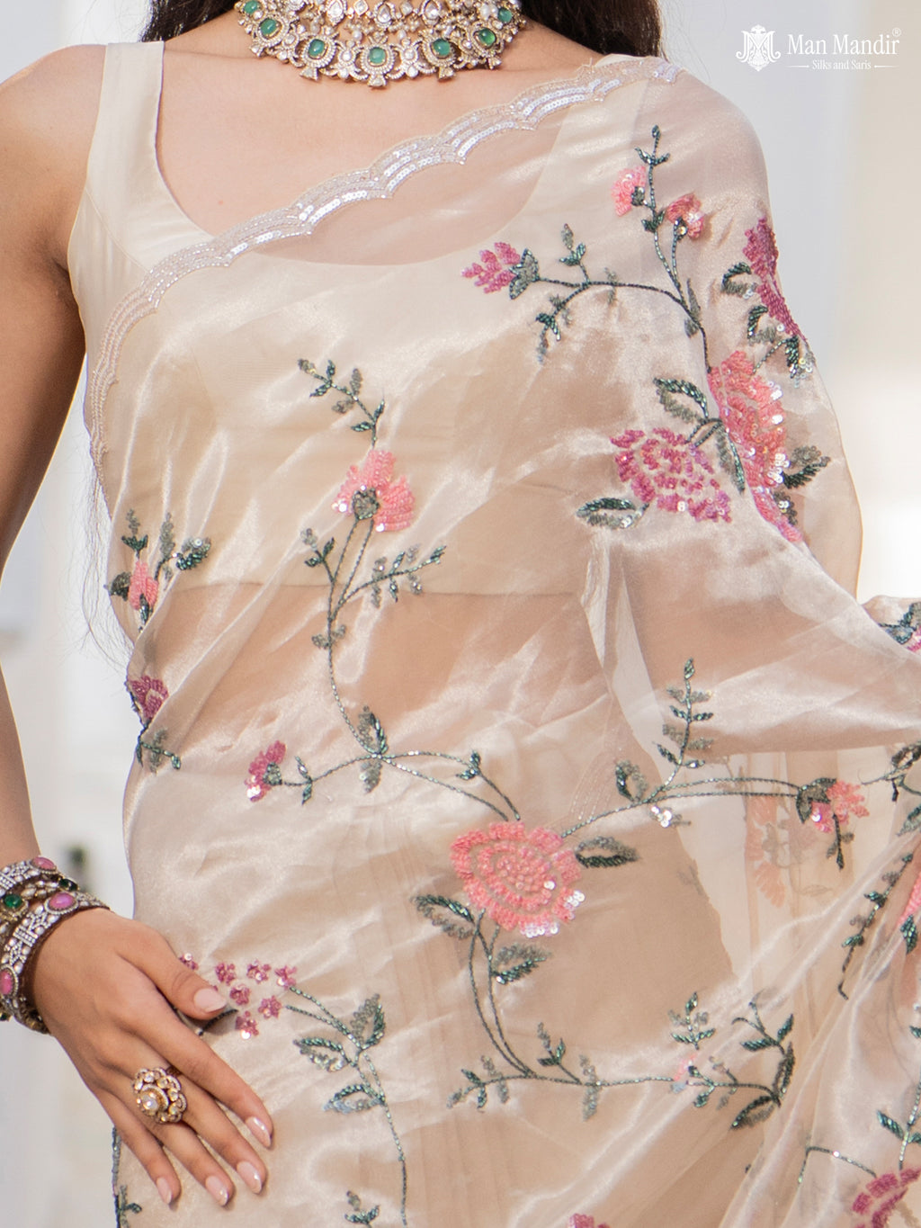 Beige Tissue Silk Saree With Allover Sequin Embroidery Work