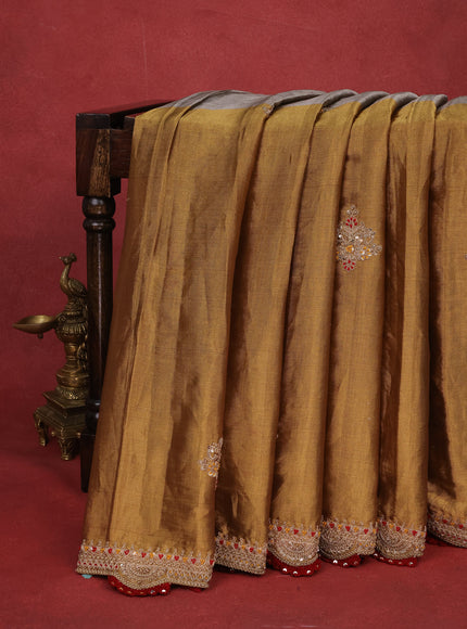 Silver -Gold Tissue Saree With Embroidery Readymade Blouse
