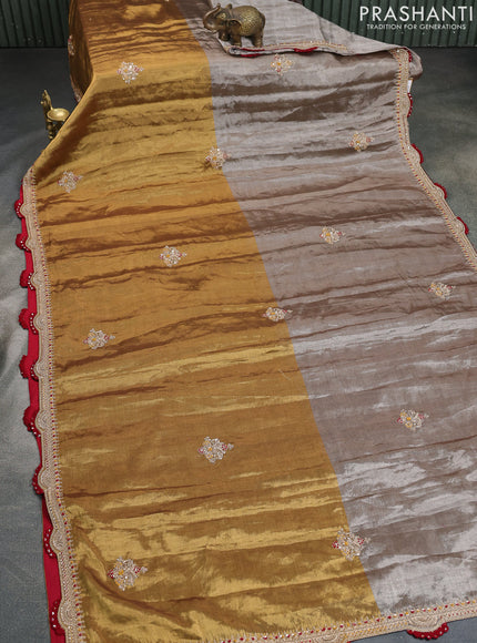 Silver -Gold Tissue Saree With Embroidery Readymade Blouse