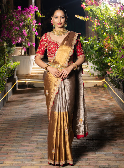 Silver -Gold Tissue Saree With Embroidery Readymade Blouse