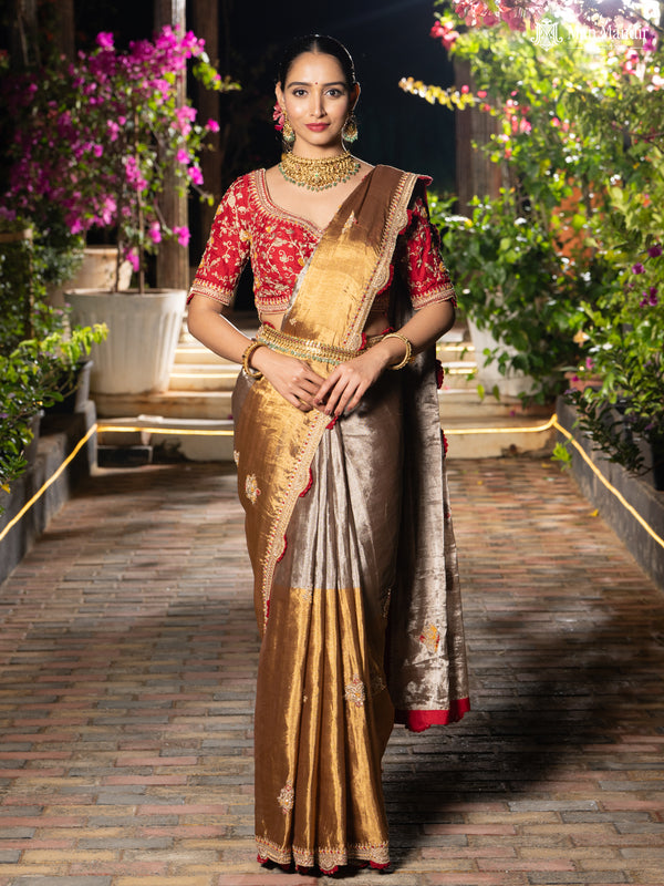 Silver -Gold Tissue Saree With Embroidery Readymade Blouse