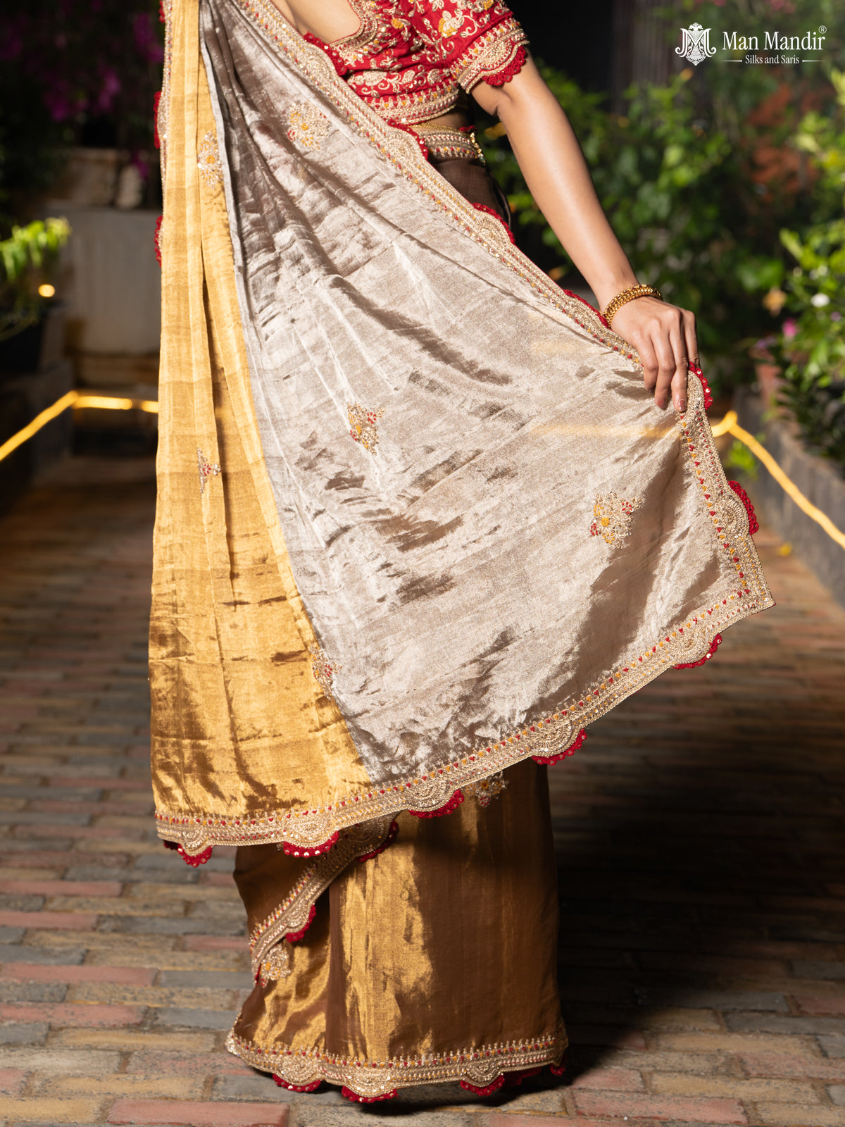 Silver -Gold Tissue Saree With Embroidery Readymade Blouse