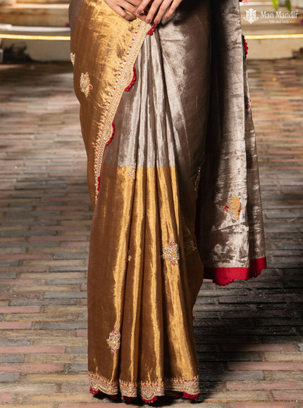 Silver -Gold Tissue Saree With Embroidery Readymade Blouse