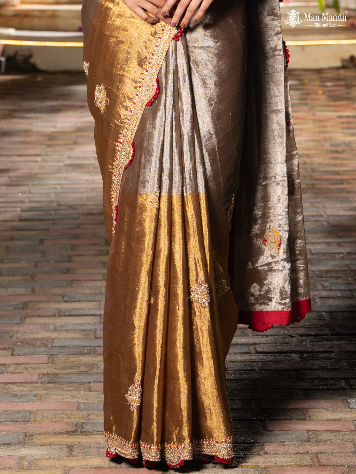 Silver -Gold Tissue Saree With Embroidery Readymade Blouse