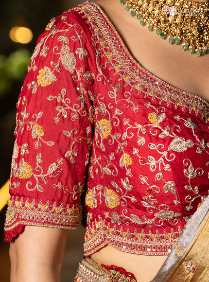 Silver -Gold Tissue Saree With Embroidery Readymade Blouse