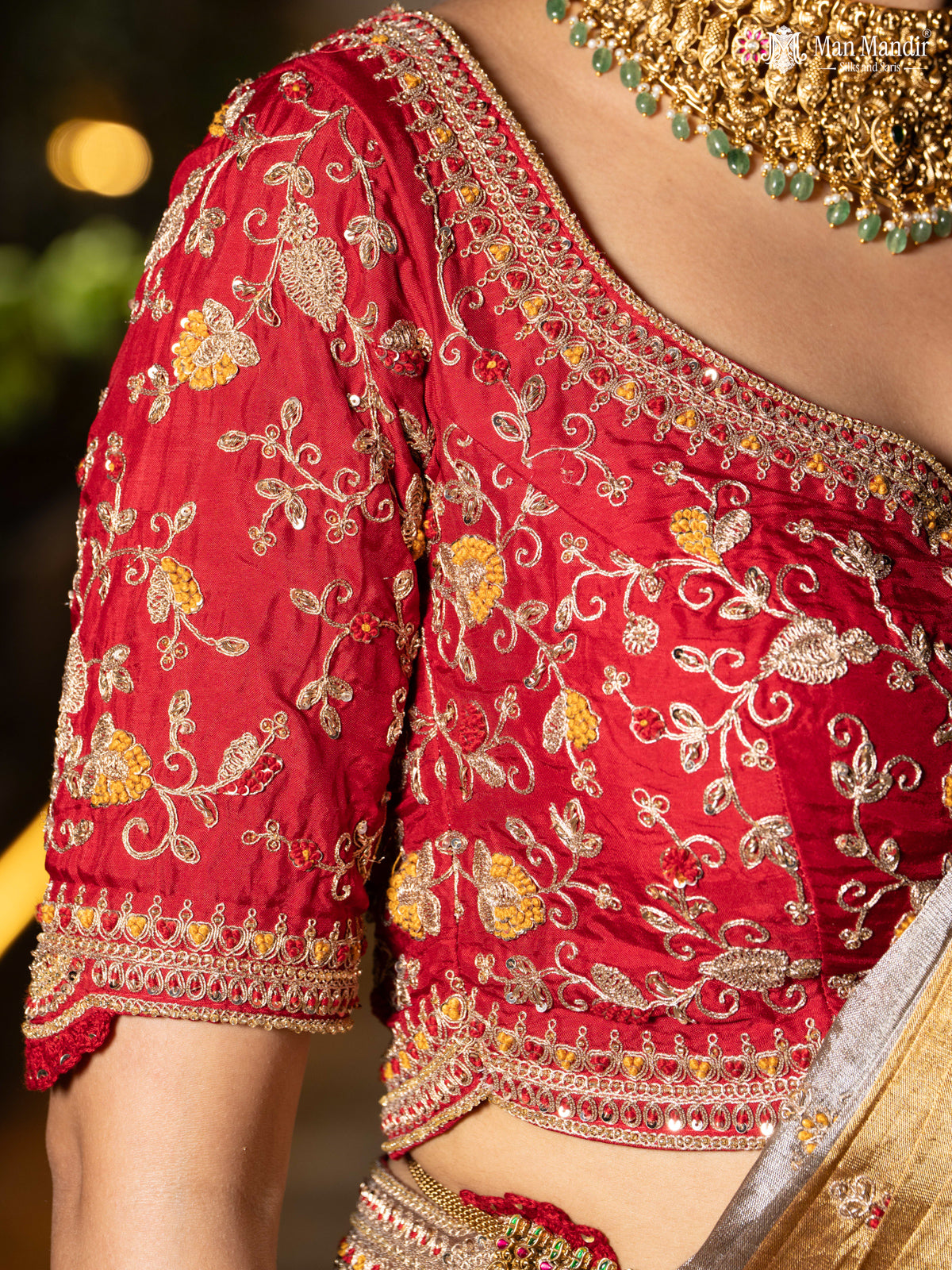 Silver -Gold Tissue Saree With Embroidery Readymade Blouse