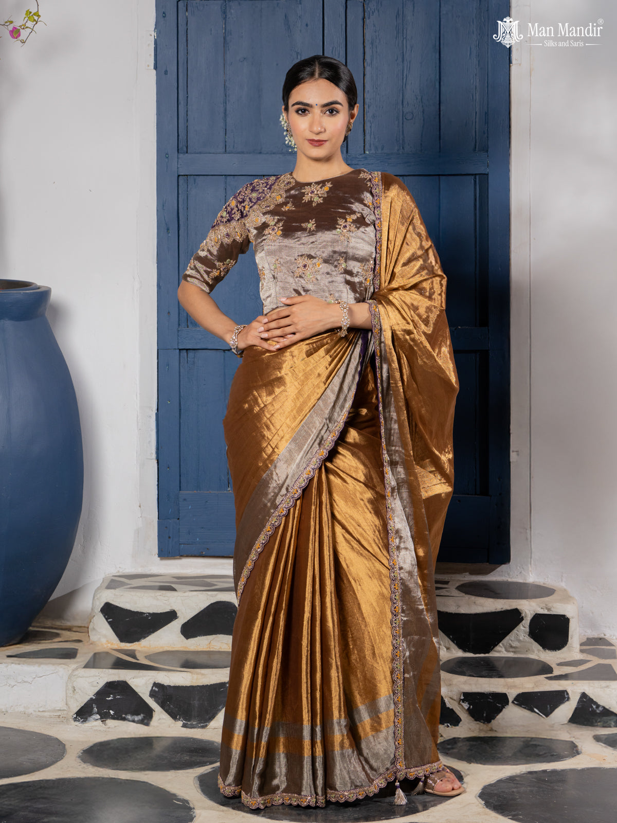 Gold-Silver Tissue Saree With Embroidery Readymade Blouse