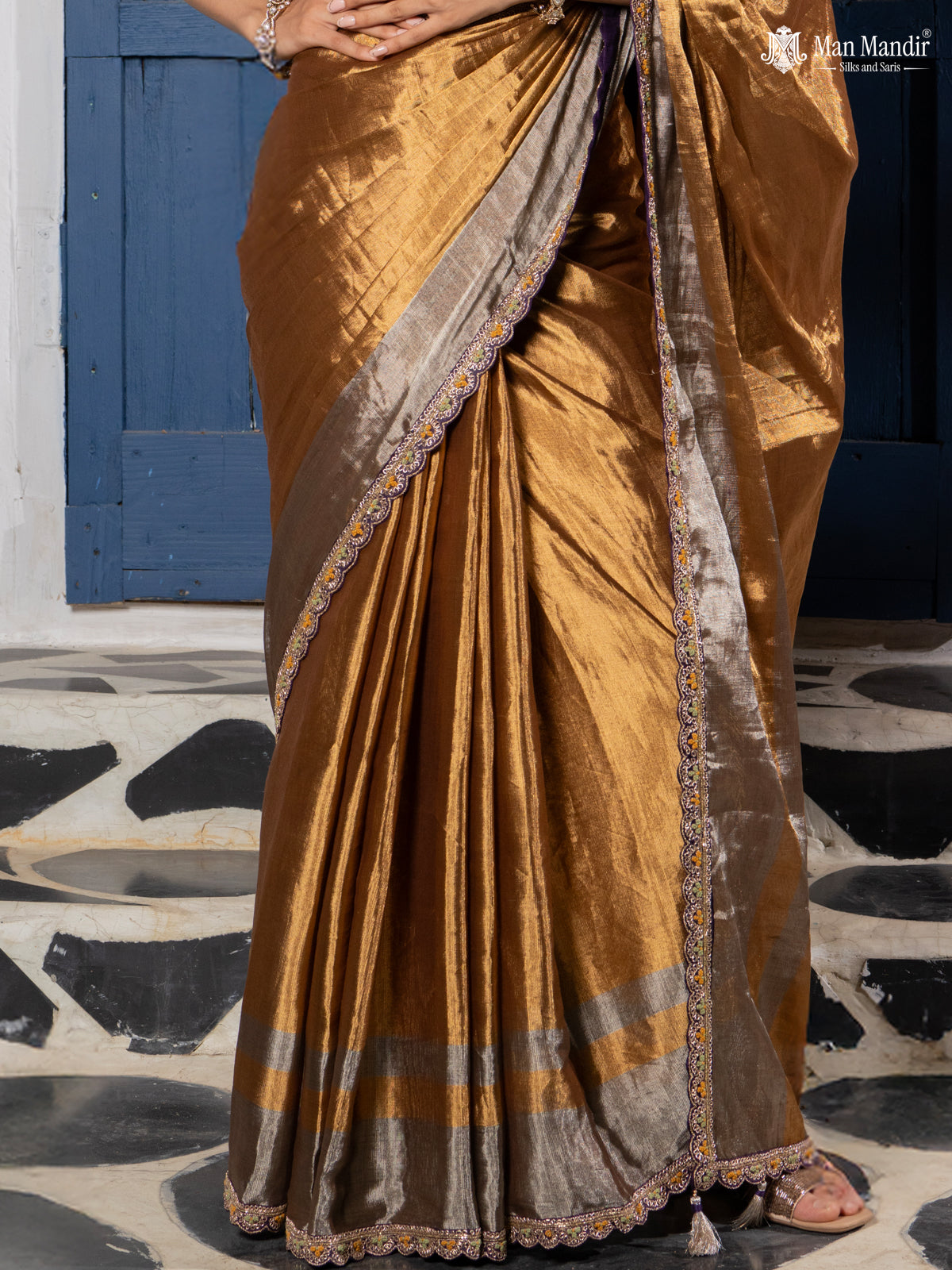 Gold-Silver Tissue Saree With Embroidery Readymade Blouse