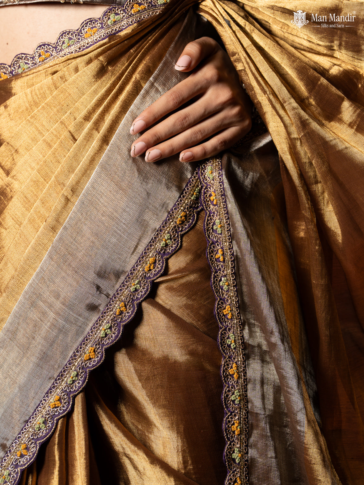 Gold-Silver Tissue Saree With Embroidery Readymade Blouse