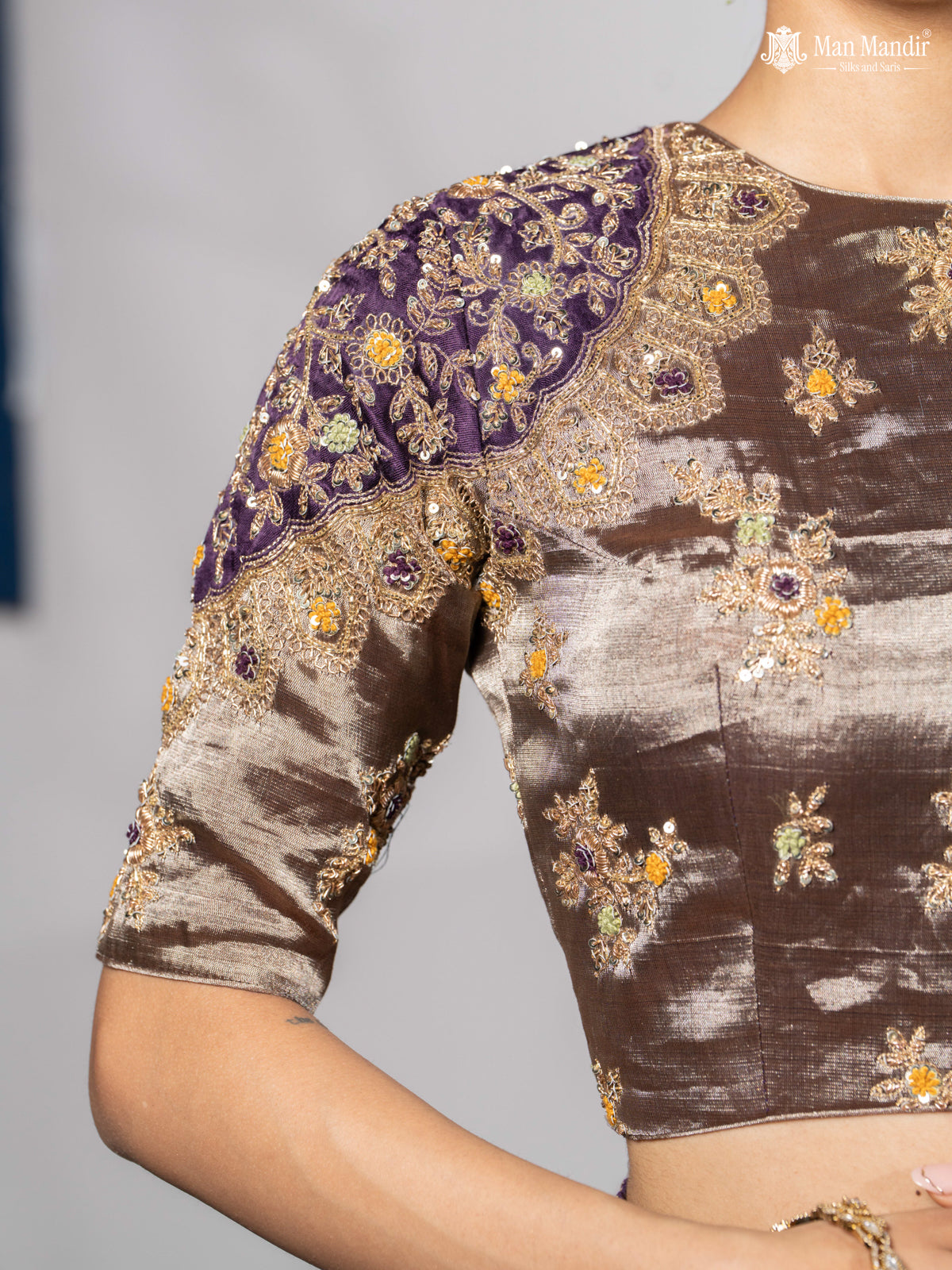 Gold-Silver Tissue Saree With Embroidery Readymade Blouse