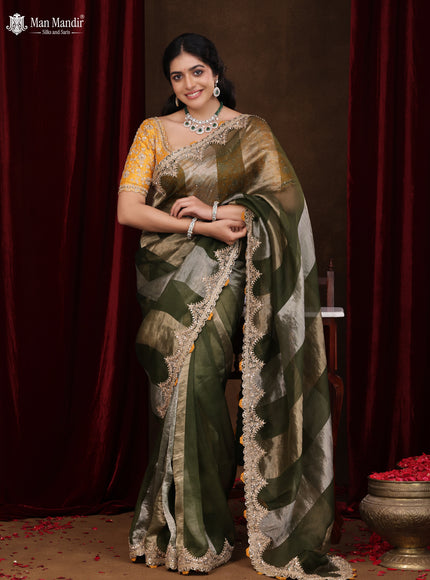 Sap Green Pure Organza Silk Saree With Embroidery Readymade Blouse