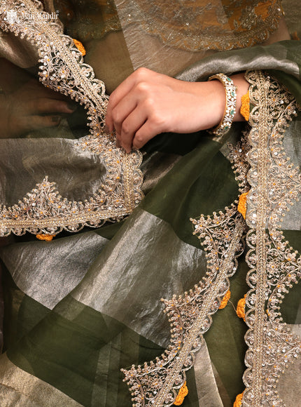 Sap Green Pure Organza Silk Saree With Embroidery Readymade Blouse