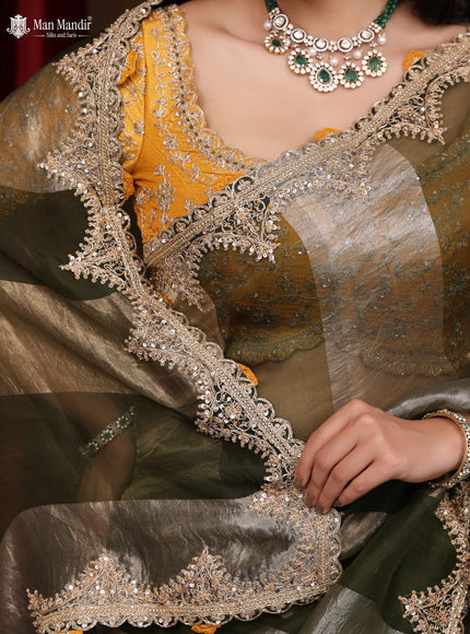 Sap Green Pure Organza Silk Saree With Embroidery Readymade Blouse