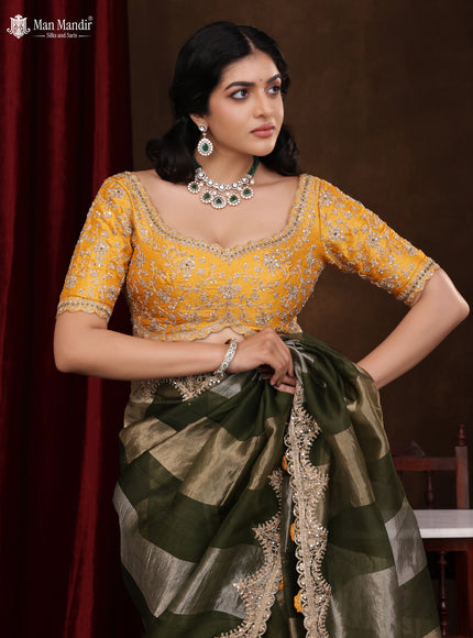 Sap Green Pure Organza Silk Saree With Embroidery Readymade Blouse