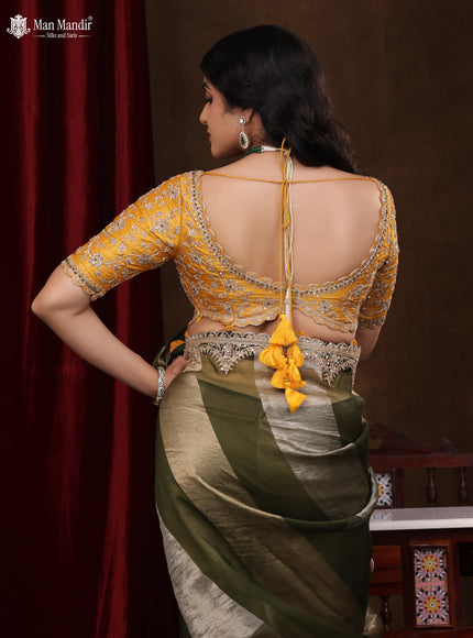 Sap Green Pure Organza Silk Saree With Embroidery Readymade Blouse