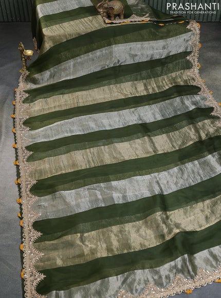 Sap Green Pure Organza Silk Saree With Embroidery Readymade Blouse