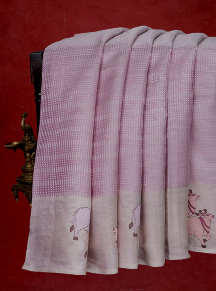 Pastel Lavender Kanchipuram Silk Saree With Pichwai Design Border Embroidery