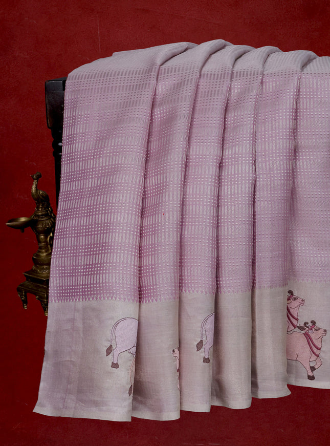 Pastel Lavender Kanchipuram Silk Saree With Pichwai Design Border Embroidery