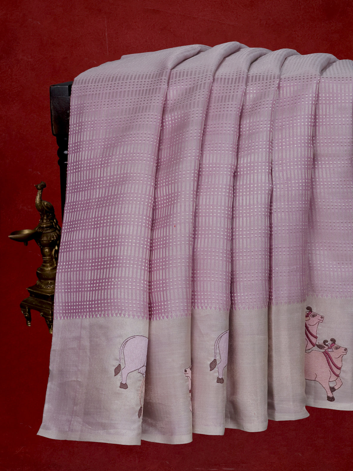 Pastel Lavender Kanchipuram Silk Saree With Pichwai Design Border Embroidery
