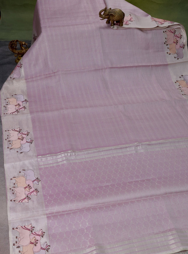 Pastel Lavender Kanchipuram Silk Saree With Pichwai Design Border Embroidery