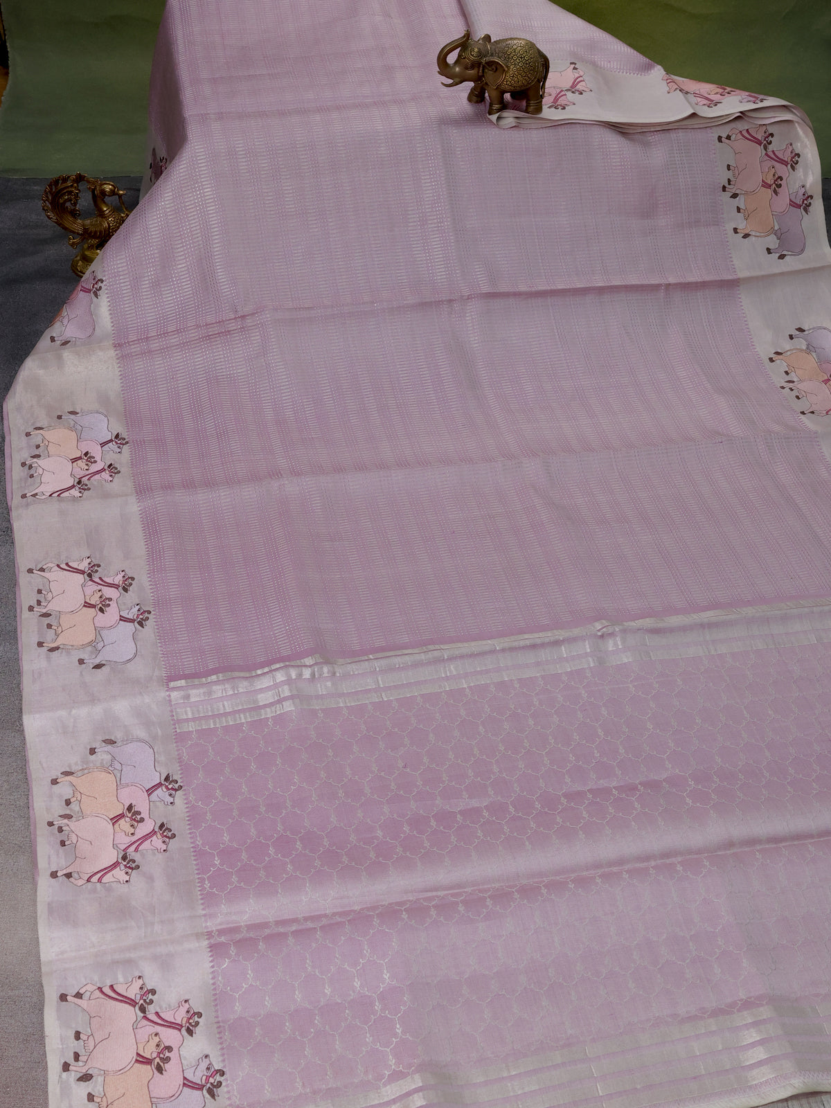 Pastel Lavender Kanchipuram Silk Saree With Pichwai Design Border Embroidery