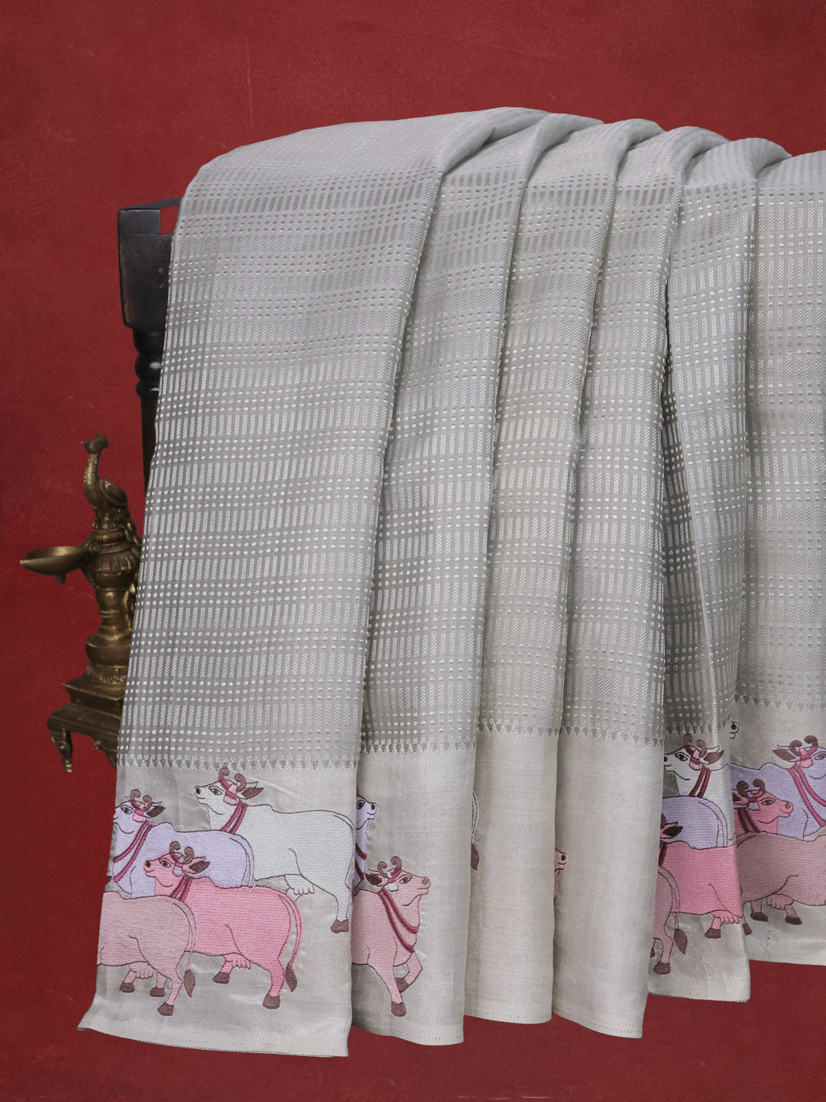 Pastel Grey Kanchipuram Silk Saree With Pichwai Design Border Embroidery