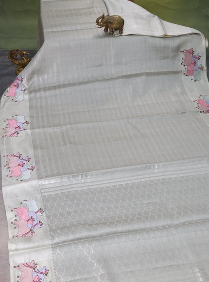 Pastel Grey Kanchipuram Silk Saree With Pichwai Design Border Embroidery