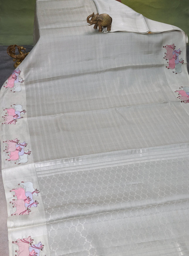 Pastel Grey Kanchipuram Silk Saree With Pichwai Design Border Embroidery