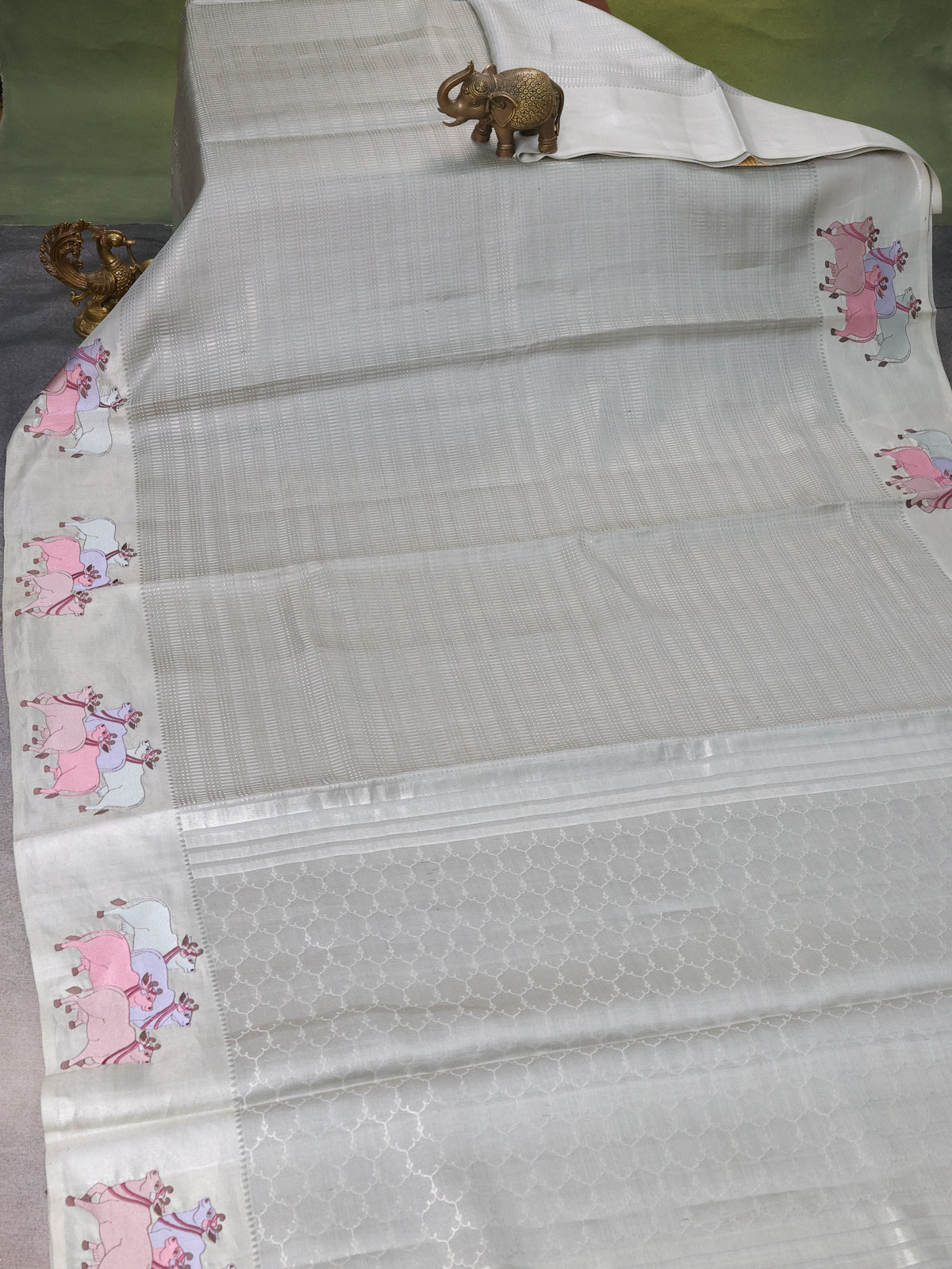 Pastel Grey Kanchipuram Silk Saree With Pichwai Design Border Embroidery