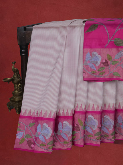 Pastel Pink-Pink Pure Kanchipuram Silk Saree With Border Embroidery