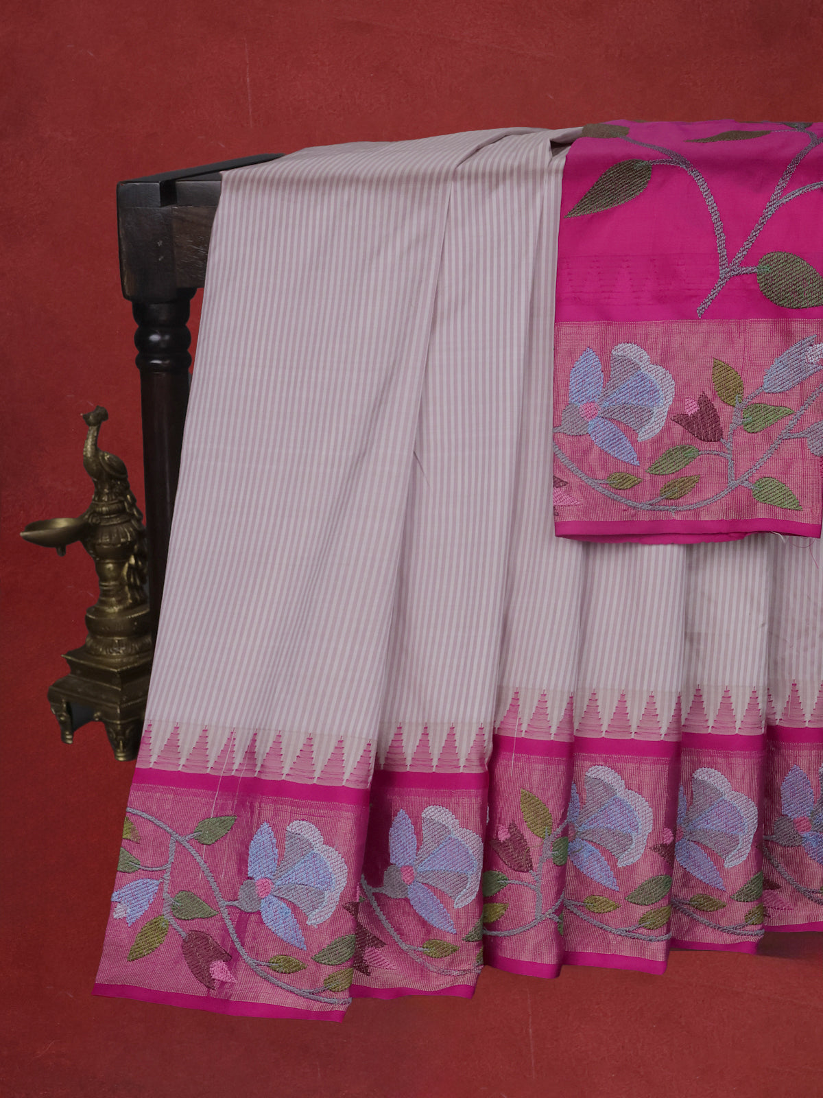 Pastel Pink-Pink Pure Kanchipuram Silk Saree With Border Embroidery
