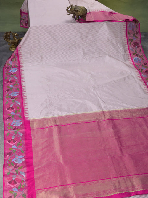 Pastel Pink-Pink Pure Kanchipuram Silk Saree With Border Embroidery