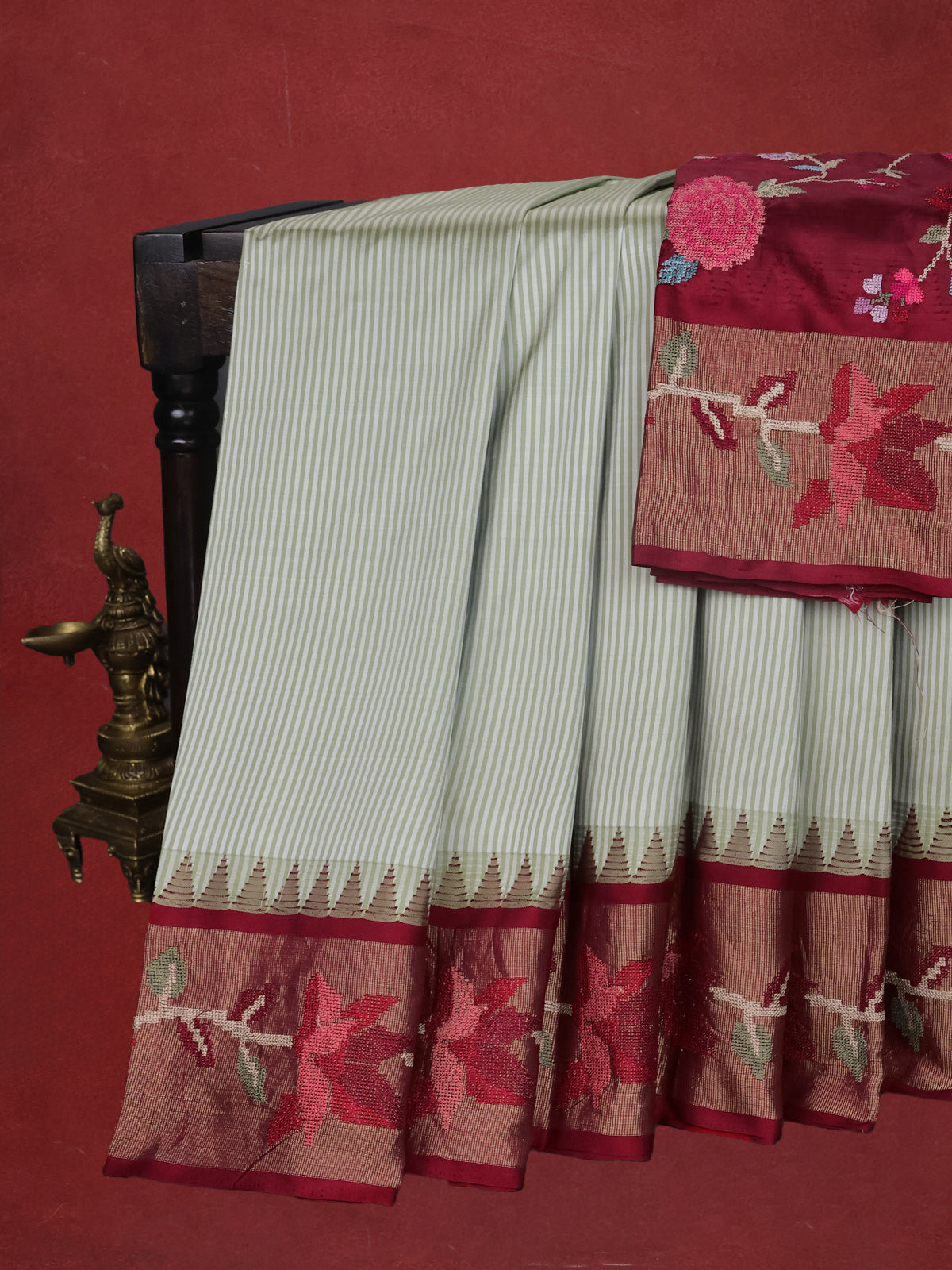 Pastel Green-Maroon Pure Kanchipuram Silk Saree With Border Embroidery