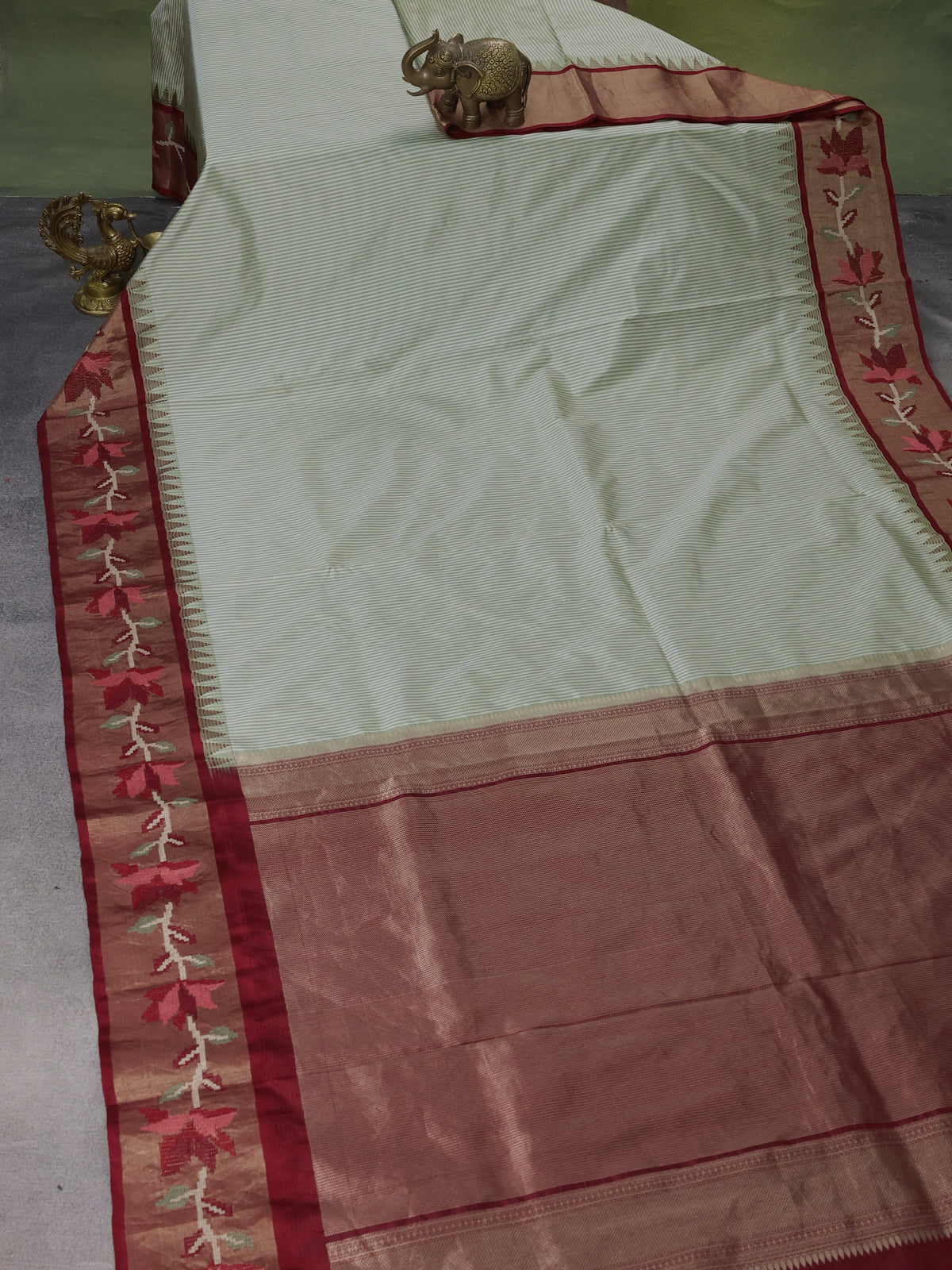 Pastel Green-Maroon Pure Kanchipuram Silk Saree With Border Embroidery