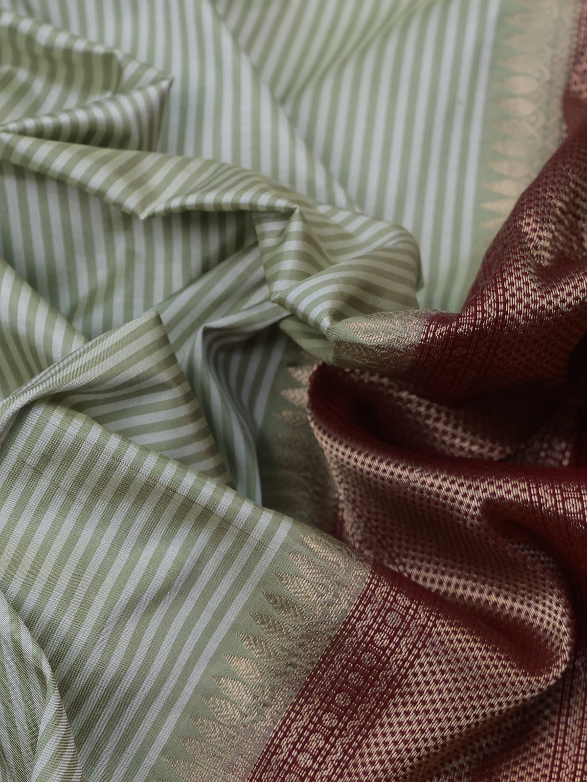 Pastel Green-Maroon Pure Kanchipuram Silk Saree With Border Embroidery