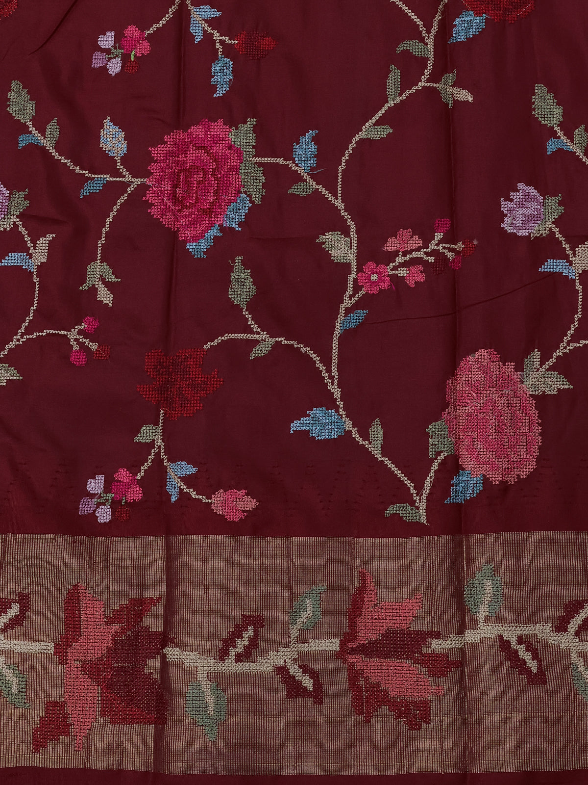 Pastel Green-Maroon Pure Kanchipuram Silk Saree With Border Embroidery