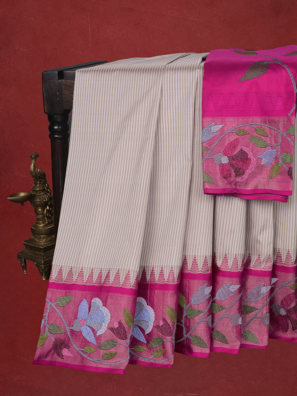 Beige-Pink Pure Kanchipuram Silk Saree With Border Embroidery